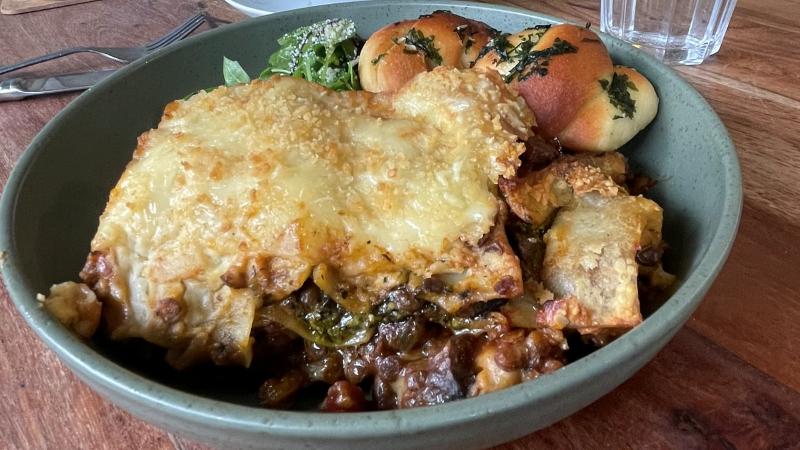 Close-up shot of the Pumpkin and Kale Lasagne at The Greenhouse Café in Felixstowe