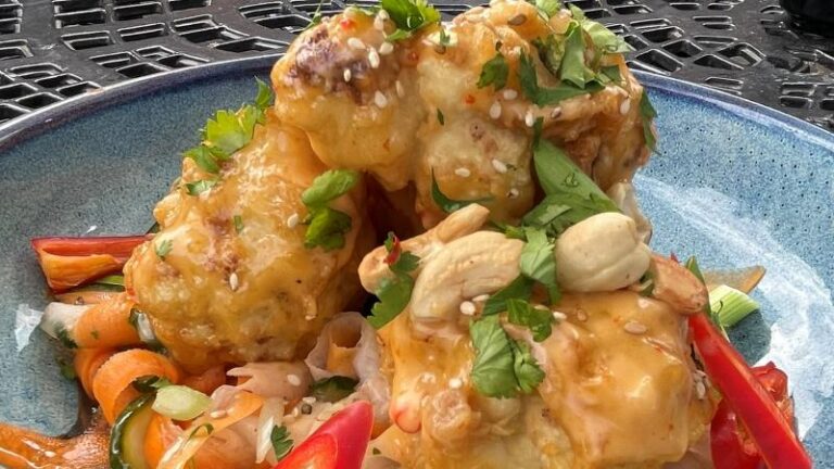 Bang Bang Cauliflower Wings with sesame seeds, cashew nuts and spring onion at The Swan in Chappel