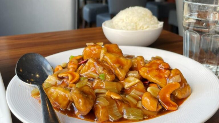Gong Bao vegan chicken served with rice at Tofu Vegan in London