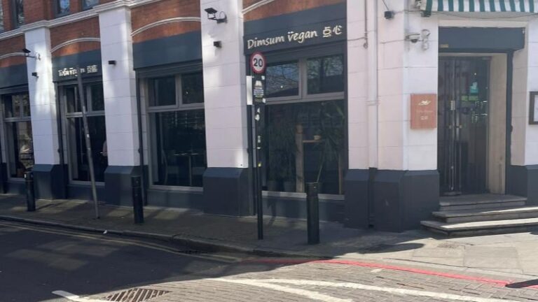 Outside Tofu Vegan restaurant in London before Ian’s Gong Bao vegan chicken review