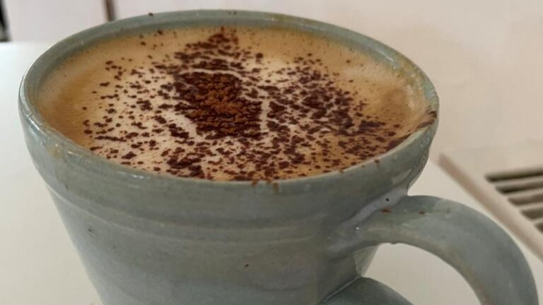Vegan oat milk cappuccino with chocolate on top at The Commons Cafe in Colchester