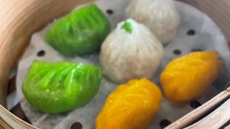 Veg dim sum platter in a steamer basket at Vegan Planet in Camden, London