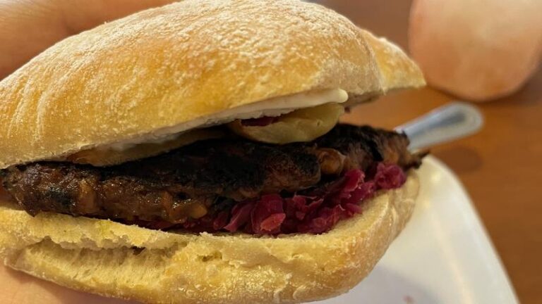 Close-up of a vegan stuffing, apple and walnut burger at Harvest Moon in Ipswich