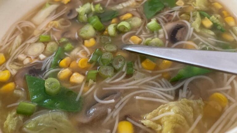 Very close-up shot of miso sweetcorn chowder at The Commons Cafe in Colchester