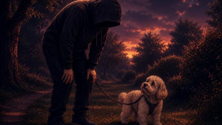 A hooded person leaning over while walking a small dog during a CFS crash