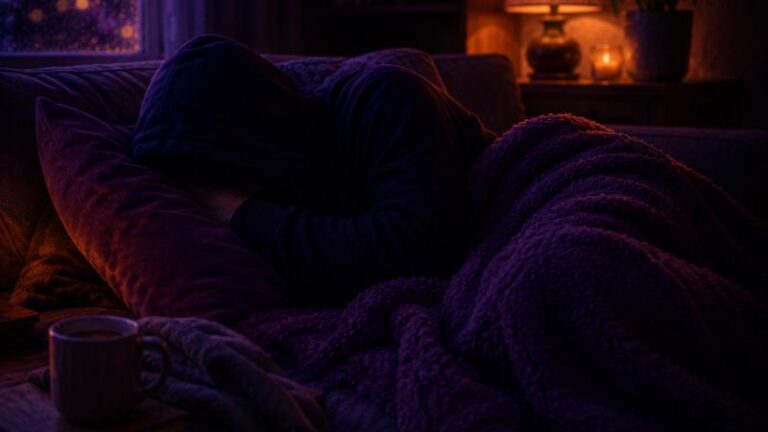 A hooded person lying on a sofa under a blanket while resting during a CFS crash