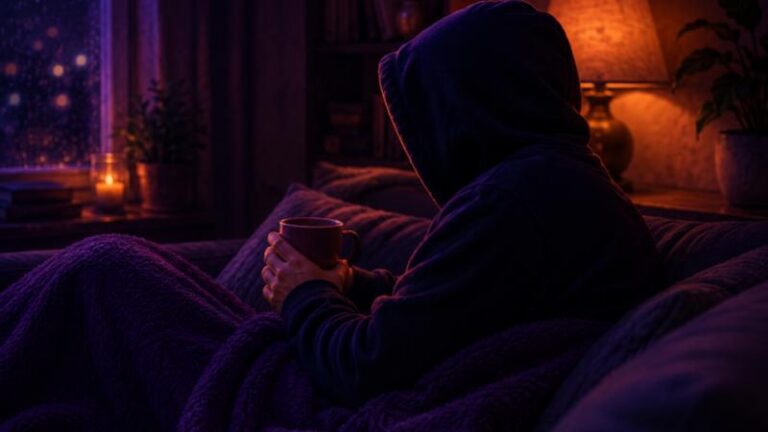A hooded person sitting on a sofa with a warm drink while recovering from illness and fatigue