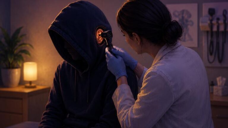 A doctor checking a hooded person’s ear during an ear infection appointment