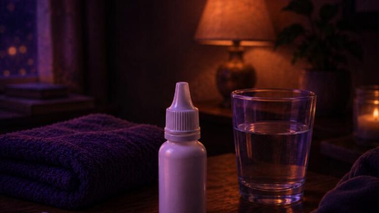 Ear drops and a glass of water on a table during recovery from an ear infection