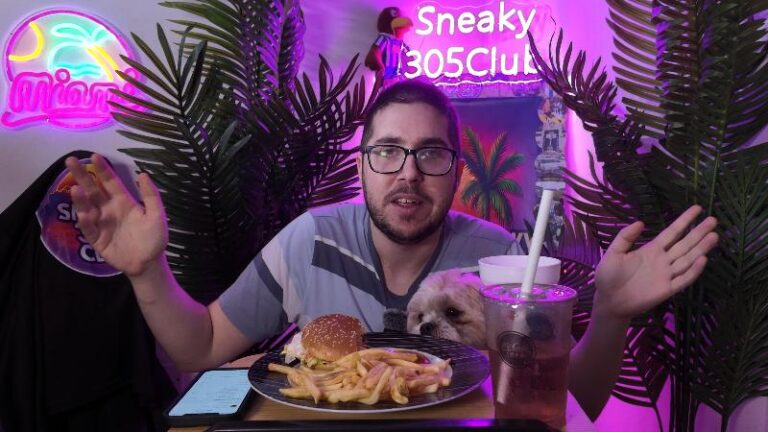 Ian sitting with the McDonald’s McPlant World Cup meal while Tilly appears beside the table