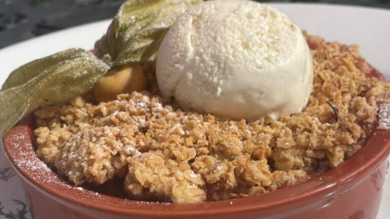 Summer berry crumble with vegan vanilla ice cream at The Swan in Chappel
